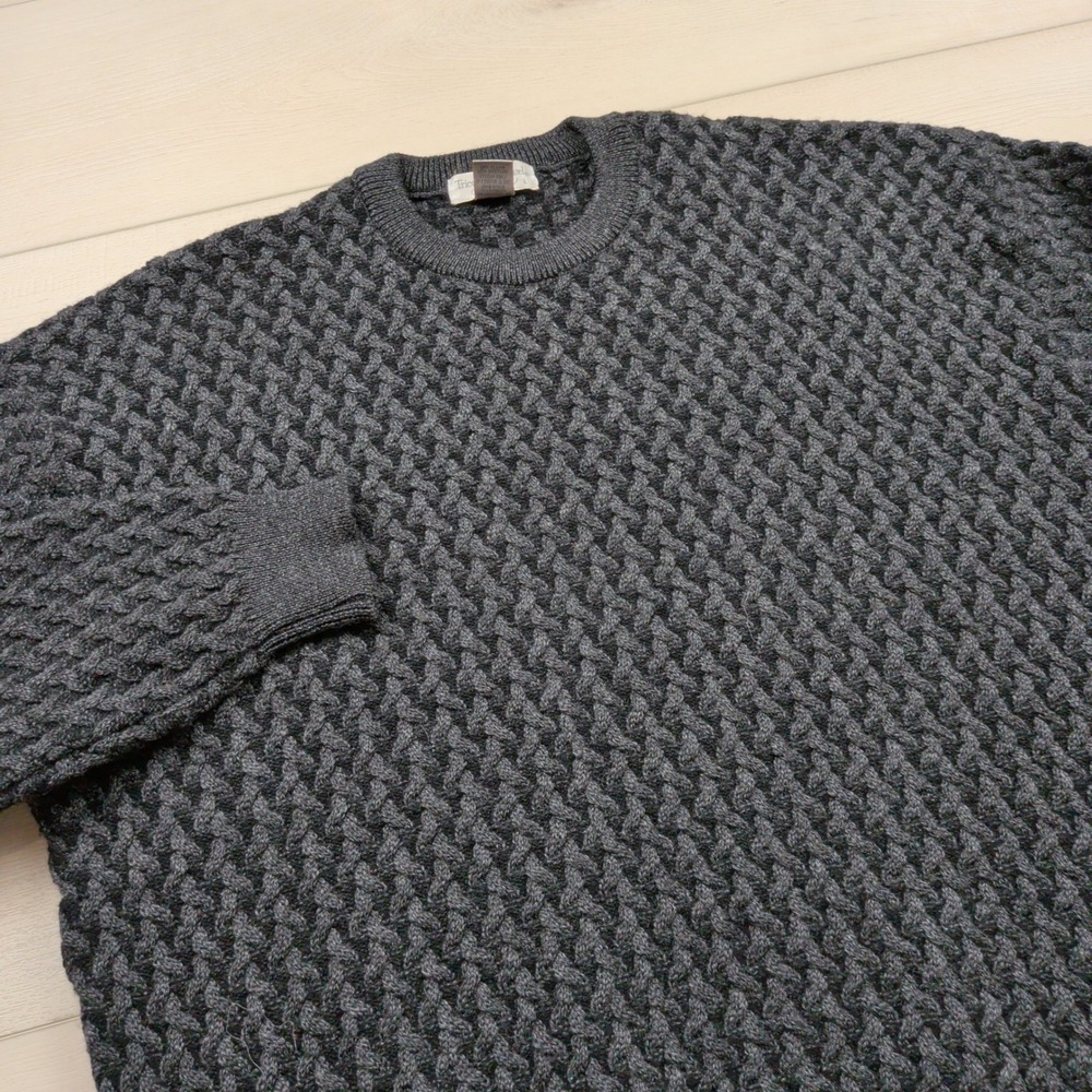 Vintage Tricots St Raphael Mens L 100% Merino Wool Basketweave Knit Sweater Gray